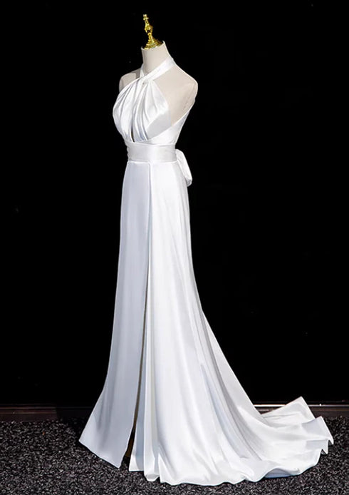 White Satin Halter Mermaid Wedding Party Dress With Leg Slit, White Satin Long Prom Dress